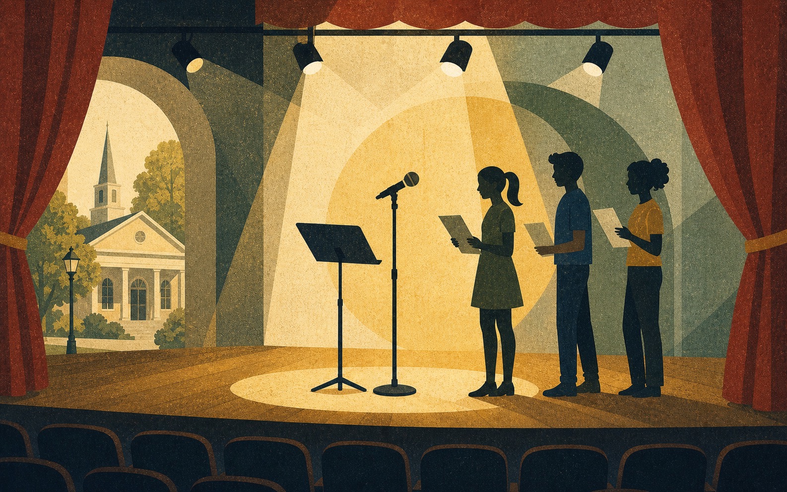 Textured editorial illustration of students holding audition sheets beside a stage microphone under warm theater spotlights