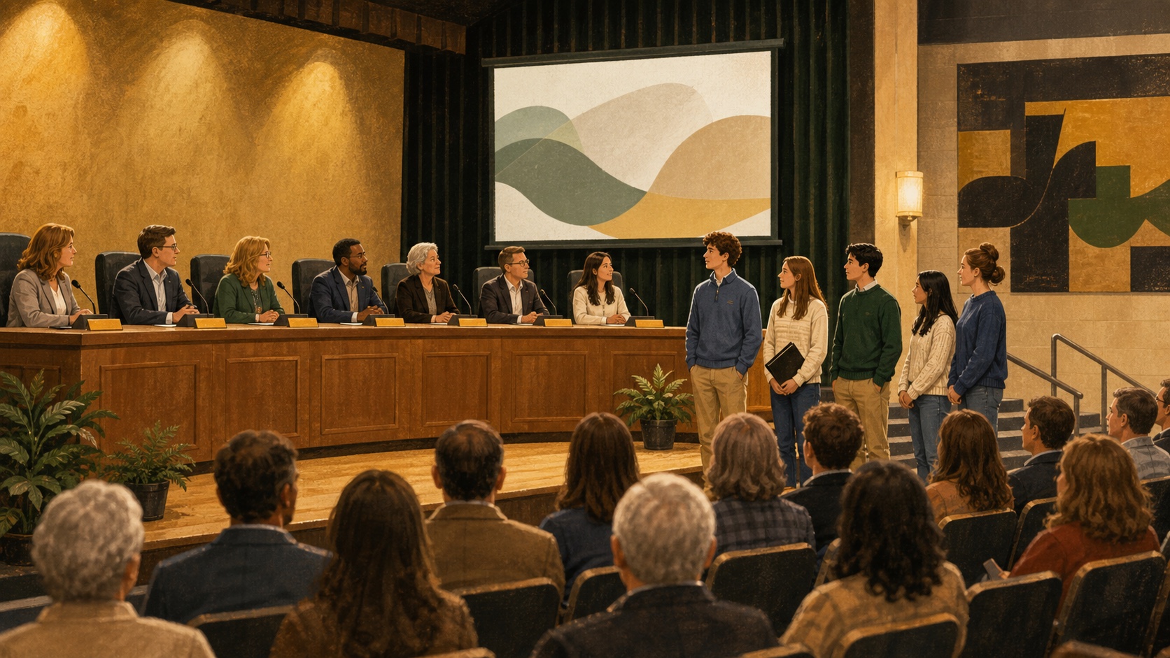 Textured editorial illustration of a school board meeting with students and community members in a warm auditorium