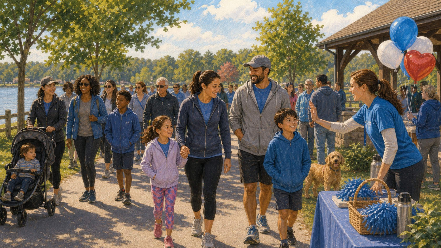 Textured editorial illustration of families and volunteers walking together on a reservoir path for a community fundraiser