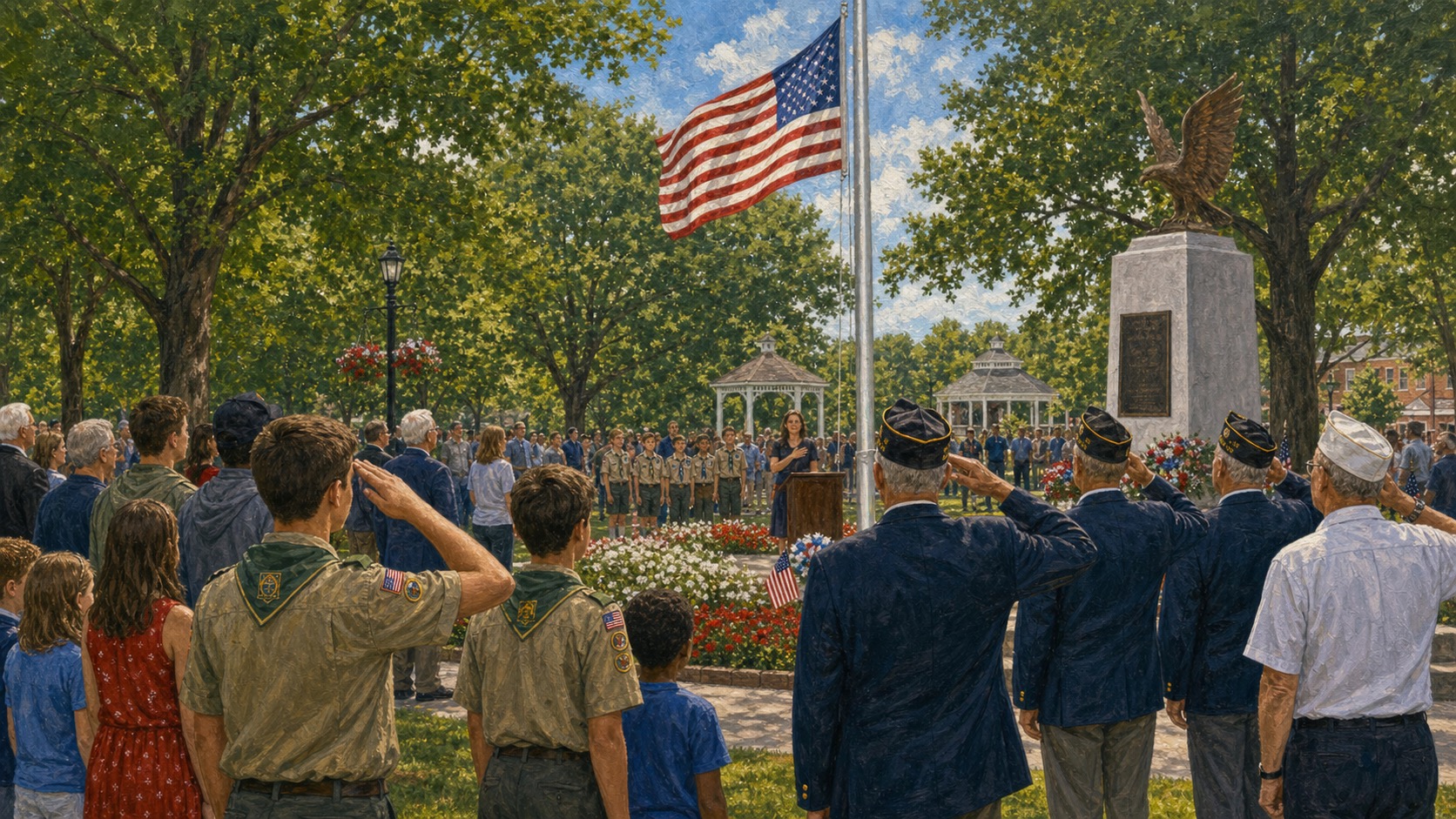 Textured editorial illustration of residents, scouts and veterans gathered for a Memorial Day ceremony in a small-town park