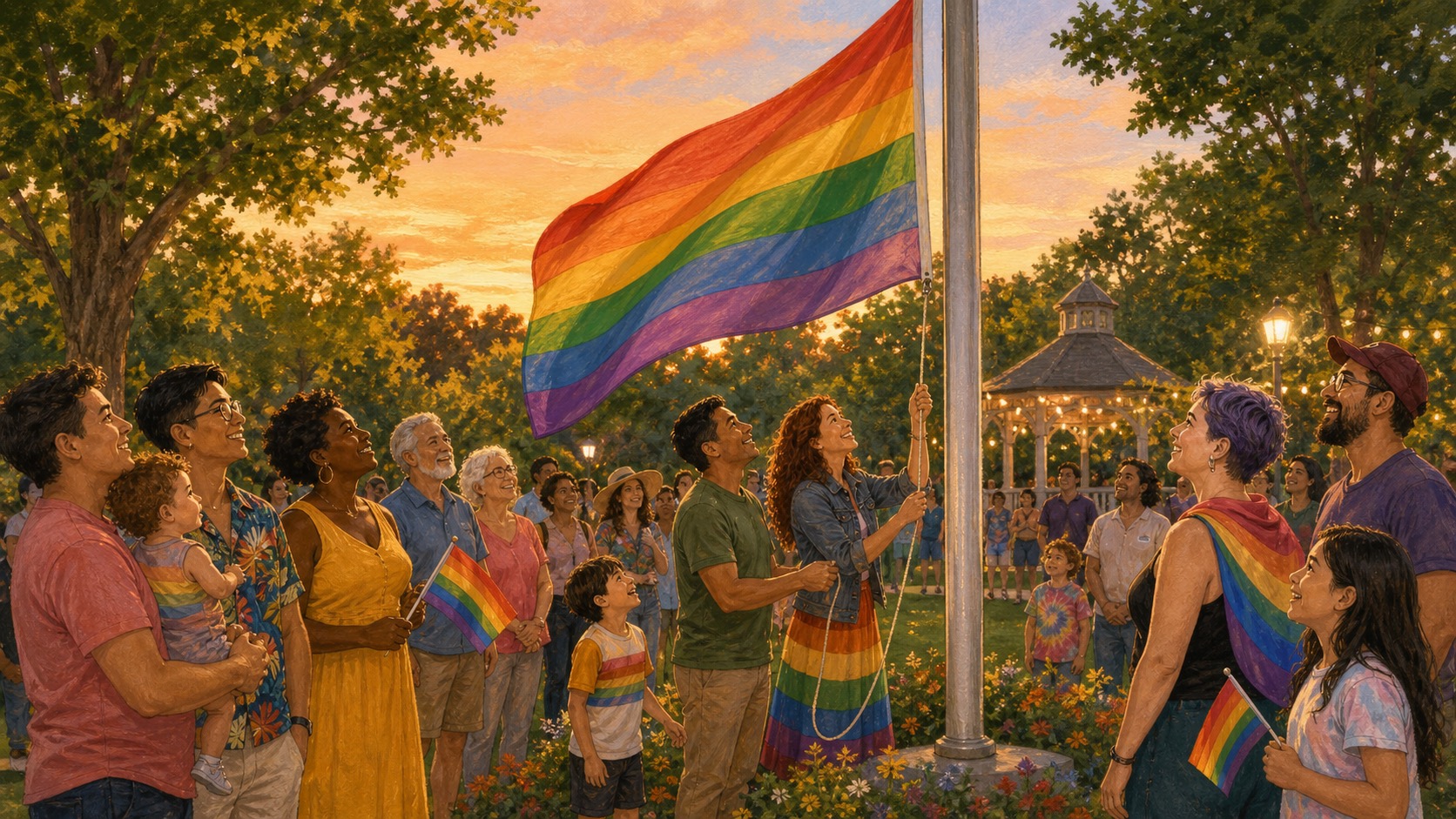 Textured editorial illustration of families and neighbors gathering in a park for a Pride flag raising