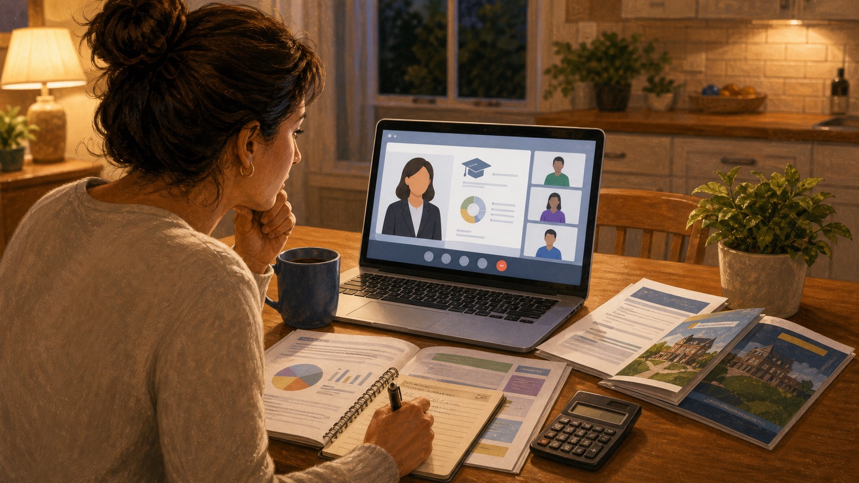 Textured editorial illustration of a parent watching a virtual college funding webinar from a kitchen table