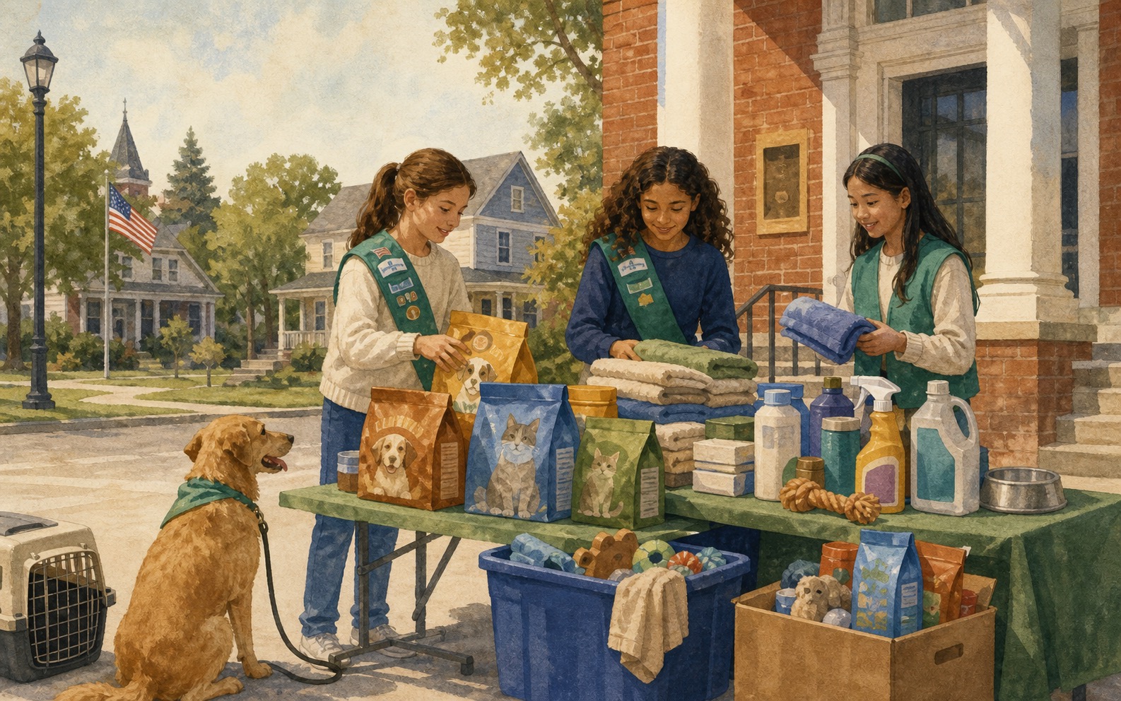 Textured editorial illustration of Girl Scouts organizing pet food, towels and animal shelter supplies at a community donation table